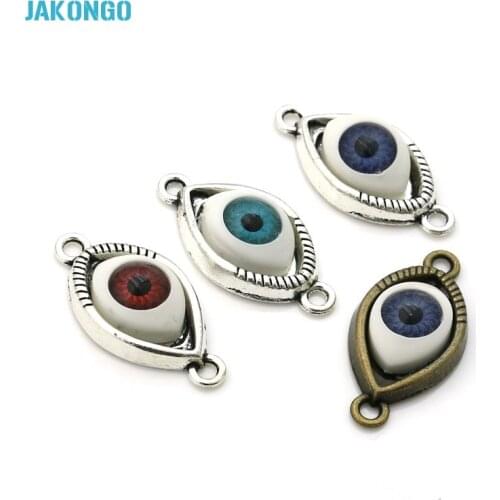 JAKONGO Antique Bronze Plated Zinc Alloy Evil Blue Eye Connectors Charms Pendants for Jewelry Making DIY Handmade Craft 28x15mm