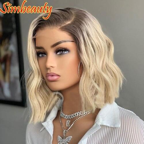 Transparent Side Part Light Roots Wave Platinum Blonde 13x4 Lace Front Human Hair Wigs with Baby Hair 200Density Short Bob Remy