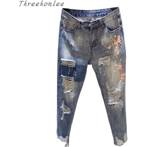 Plus Size Womens Ripped Jeans 2021 Fashion New Embroidery Print High Waist Lady Straight Denim Pants