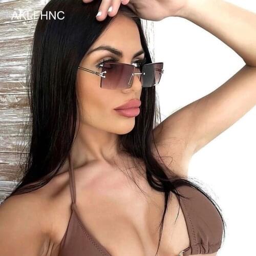 Rimless Sunglasses Rectangle Fashion Popular Women Men Shades Small Square Sun Glasses For Female Summer Traveling Brown Oculos