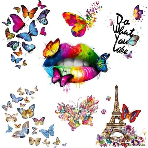 Iron On Transfer For Clothing Vinyl Heat Transfer DIY Stripes Butterfly Patches Stickers On Clothes T-shirt Lips Applique Decor