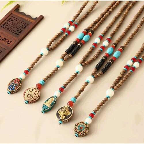 Vintage Handmade Necklace Nepal Buddhist Mala Wood Beads Pendant & Necklace Ethnic Fish Horn Long Statement Men Womens Jewelry