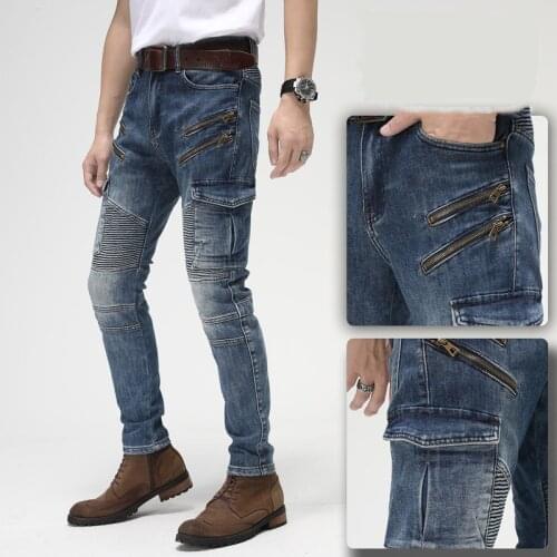 Vintage Cycling Mens Jeans Fashion Slim Biker Pants Recreational Stretch Popular Zipper Denim Trousers