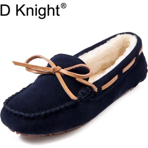 2019 Winter New Warm Loafers Shoes Fashion Bowtie Soft Leather Women Ballet Flats Round Toe Non-slip Maternity Mother Boat Shoes
