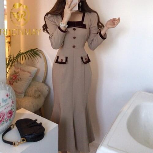 Elegant Dress Women Casual Office Lady Midi Dress Chic Square Collar Long Sleeve Sexy Party Mermaid Dress Korean 2020 Autumn