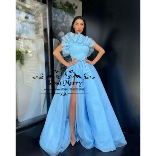 Princess Blue Women Prom Dresses 2021 A Line Strapless High Split Plus Size Ruffles Girls Engagement Formal Evening Party Wears