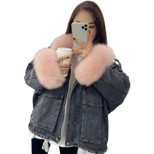 Winter Women Natural rex rabbit lined with fox fur collar denim jacket parka winter warm FUR coat Womens jacket
