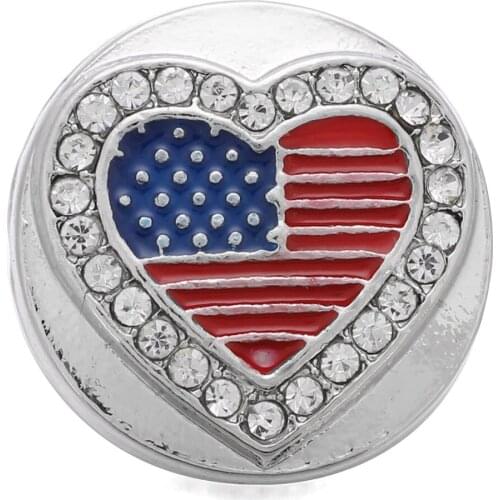 10pcs/lot New Snap Jewelry Rhinestone American Flag 18mm Snap Buttons Love Heart USA Alloy Snap fit Snap Bracelet