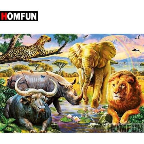 HOMFUN 5D DIY Diamond Painting Full Square/Round Drill "Elephant lion" 3D Embroidery Cross Stitch gift Home Decor A04130