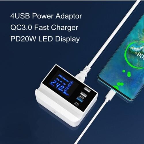 4USB Power Adaptor QC3.0 Fast Charger PD20W LED Display Charger Station 4Port USB Charger for iPhone Android Type-C Phone Tablet