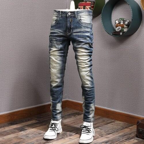 European Vintage Fashion Men Jeans Retro Blue Distressed Elastic Slim Fit Ripped Jeans Men Casual Designer Cotton Denim Pants