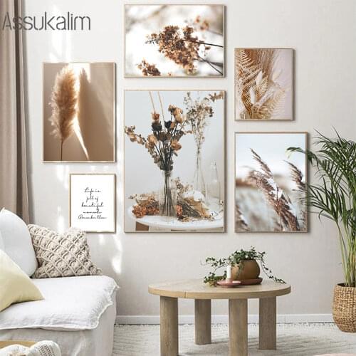 Beige Reed Wall Art Canvas Painting Dried Flower Plants Print Nordic Wall Poster Scandinavian Picture Aesthetic Room Decorative