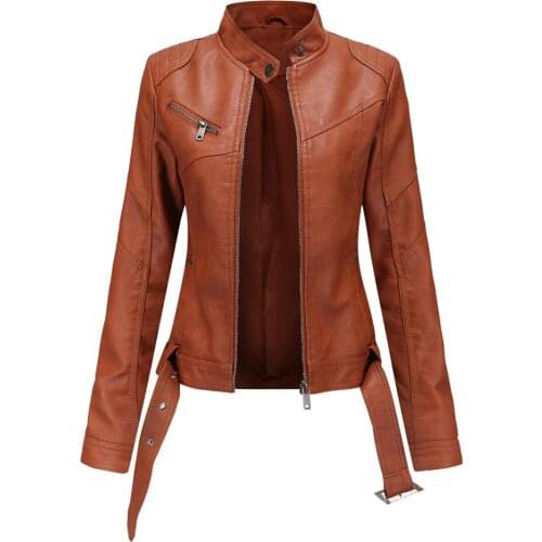 Washed Leather Jacket Women Spring Autumn Coat Female 2021 Motorcycle Moto Biker Zipper Jacket Ladies Chaqueta Mujer Brown Red
