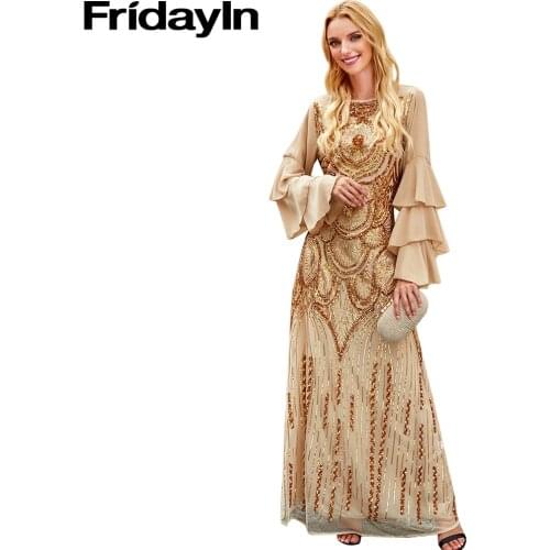 Fridayin Women Fashion Boho Gold Multi-Layer Lotus Leaf Sleeve Positioning Sequin Embroidered Maxi Long Dress Kaftan Abaya