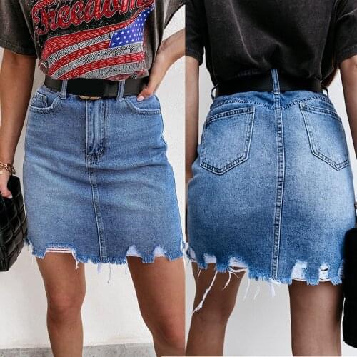 Fashion Skirts 2021 Summer New Tassel High Wasit A Line Denim Skirt Casual Package Hip Washing Water Raw Hem Ripped Women Skirt