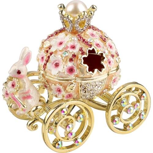 Adorable Rabbit Cherry Blossoms Pumpkin Cart Figurine Hand-Pinted Jewelry Trinket Box Christmas Gift Collectible Craft Decor