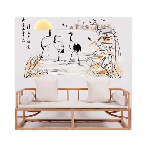 Carving Large 76*135cm Chinese Style Red-crowned Crane Home Decal Wall Sticker Reed Marshes Wall Decor 3D Wall Art