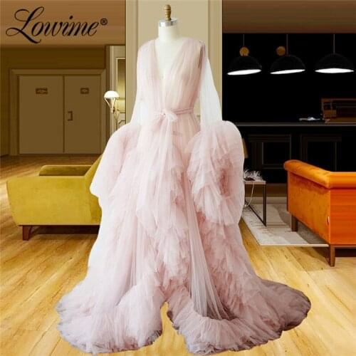 Pink See Through Evening Dresses 2021 Long Sleeves V Neck Formal Long Party Dress Robes Pregnant Prom Dress Vestidos De Festa