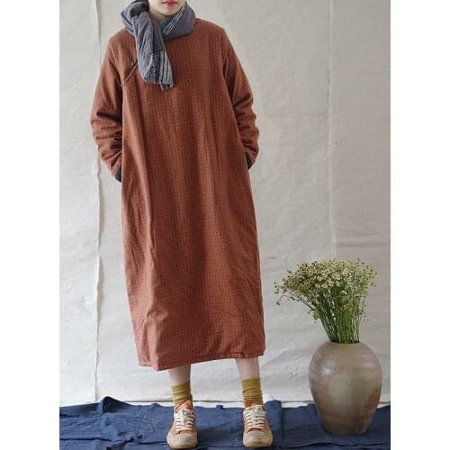 SCUWLINEN 2020 Winter Women Dress Vintage Chinese-style Print Stand-collar Loose Thick Warm Long Cotton Padded Robe P308