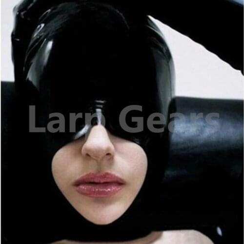Sexy lingere exotic unisex black latex mystic cover eyes open mouth half face mask hoods cekc zentai uniform fetish