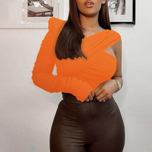 Sexy Short Slim Crop Tops Women Autumn Full T-Shirts Bodycon Party Ribbed Mujer Tees Skinny Orange one shoulder T Shirts PR3049G