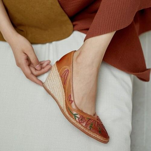 CIALISA Special Imbroidery Autumn 2020 Grass-woven Shoes Women High Heels Retro Braided Leather Shoes Thick Plattform Shoes