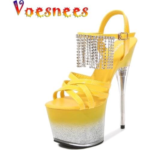 Voesnees 2021 New Women Stripper Shoes Bling Transparent Thin Heels Patent Leather Sandals Cross-tied Platform Pole Dance Heels