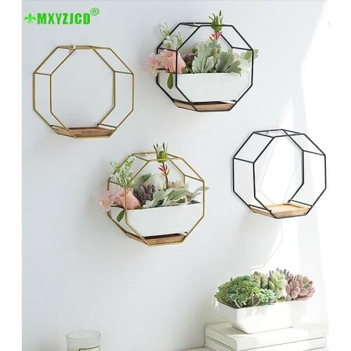 Octagon Geometric Flower Pot Metal Iron Frame Ceramic Wall Hanging Potted Plant Container Office Desktop Decoration
