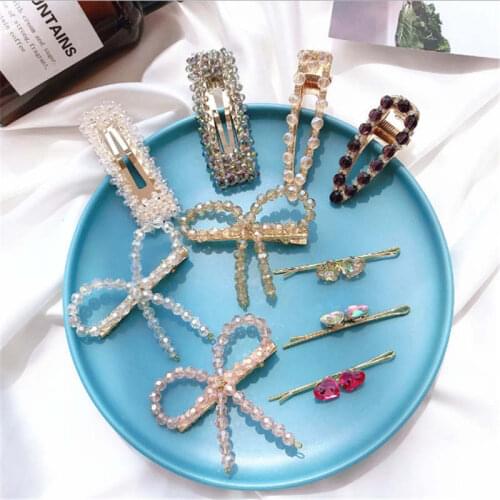 Korea network red ins crystal bow gold hairpin Fairy sweet temperament bangs clip girl cute hair accessories hairwear jewelry