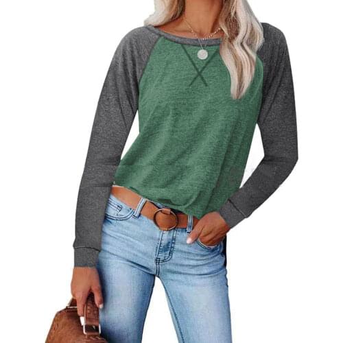 Women Color Block T-shirt, Adults Long Sleeve Round Neck Cross Pullover (Light Grey, Dark Grey, Green, White)