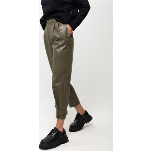 Women Office Basic Button Zipper Harem Pants 2021 Casual Solid Color Real Pocket Loose Pu Leather Pant Fashion Autumn Trousers