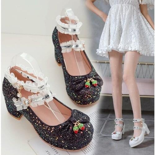 Womens Mary Jane Bowknot Crystal Sequins Bling Lace Lolita Block High Heel Pumps Shoes Belt Sweet Plus Size 34-48 3Colors