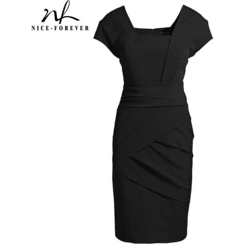 Nice-Forever Elegant Retro Square Neck Black Office Dresses Business Formal Bodycon Sheath Women Dress BTY689
