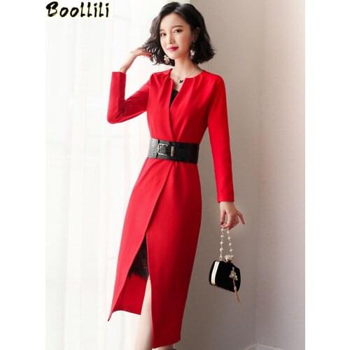 Boollili Spring Summer Dress Women Clothes 2020 Korean Vintage Midi Office Dress Womens Dresses Red Lace Sexy Party Dress