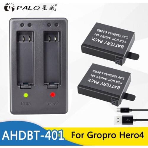 PALO 2x AHDBT-401 1600mAh + Dual Charger For Gopro Hero 4 Batteries Go Pro Hero4 bateria AHDBT 401 Action camera Accessories