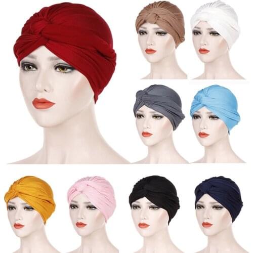 2021 New Women Cotton Turban Stretchy Muslim Hijab Bright Indian Caps Cross Bonnet Headwraps Ladies Muslim Headbands Caps