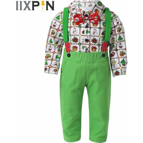 4Pcs Kids Cosplay Boys Christmas Costume Outfits Gentleman Bowtie Long Sleeve Snowman Printed Shirt Suspenders Pants Party Suits