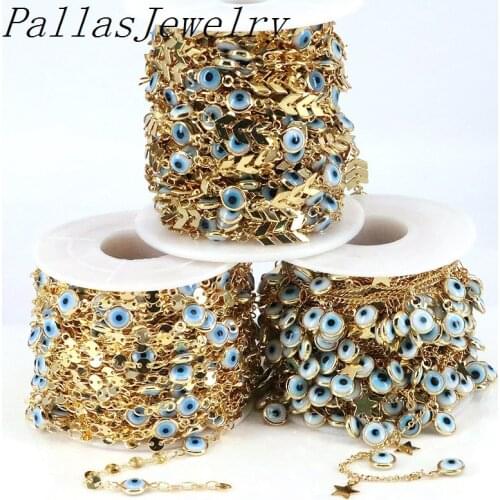 5 Meters Newest Arrival Gold Plated Brass Eye Chains White Blue Black Eye Beads Chain for DIY Jewelry Making