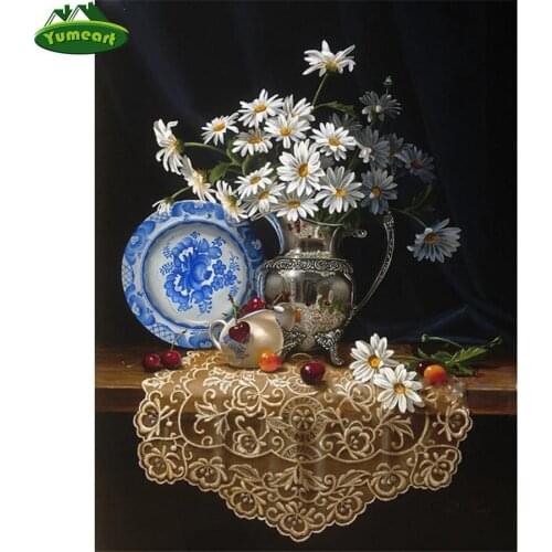 5D Diy Daimond Painting with Square Rhinestones Accessories Diamond Art Crystal Embroidery Daisy Vase Plates Kitchen Wall Decor