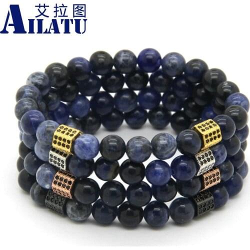Ailatu Wholesale 10pcs/lot 8mm Natural Blue Veins Stone with Rectangle Micro Paved Black Zircon cz Beads Bracelets Party Gift