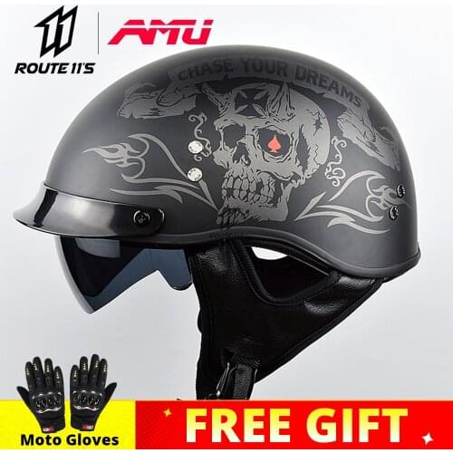 AMU Motorcycle Half Helmet Retro Motorcycle Helmet Half Covered Protective Summer Glass Steel Scoop Helmet PC Lens DOT Certified