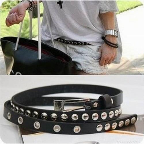 Free Shipping New Fashion Womens Lady Rivets Leather Thin Narrow Waist Belt Waistband Strap Female