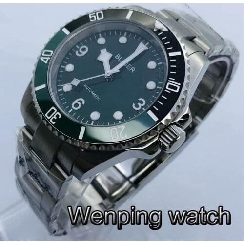 Bliger 40mm Mens Top Business Mechanical Watch Silver Case Sapphire Glass Ceramic Bezel Green Dial Waterproof Automatic Watch