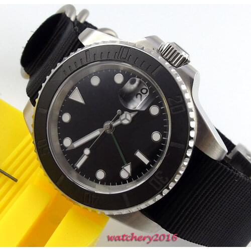 Newest 40mm parnis Black sterile dial SS Case Nylon strap Sapphire Glass Luminous Marks GMT automatic mechanical mens Watch