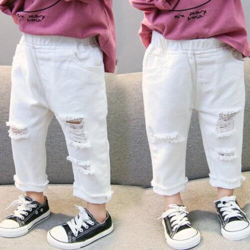 Spring Autumn Baby Girls Ripped Jeans Children Kids Broken Hole Pants White Color Girls Elastic Waist Denim Pants