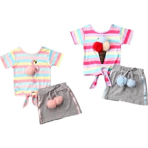 New Summer Kids Baby Girl Flamingo Birthday T-Shirt Tops Cotton Skirt 2pcs Outfit Clothes Set