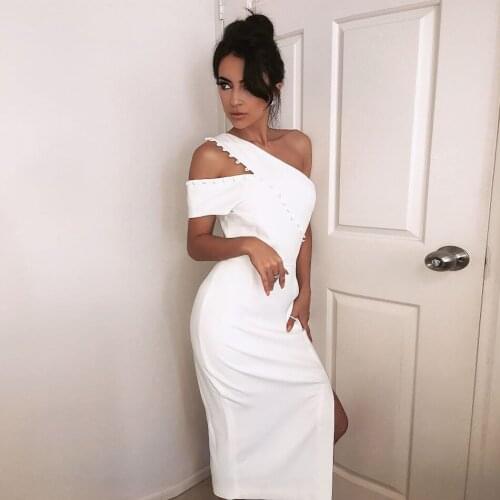 Amazing One Shoulder White Side Slit Button Sleeveless Cold Shoulder Bandage Knee Length Sheath Party Dress