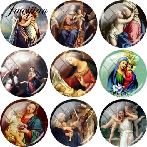 JWEIJIAO 5pcs Glass Cabochon VintageVirgin Mary and Jesus Kids Angel Glass Dome Beads DIY Cuatom Earrings Keychain Necklace