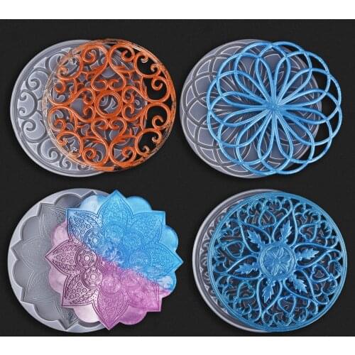 Round Tray Resin Mold DIY Mandala Hollow Out Coaster Epoxy Flower Tray Cup Mat Casting Silicone Mould Home Decor Jewelry Making