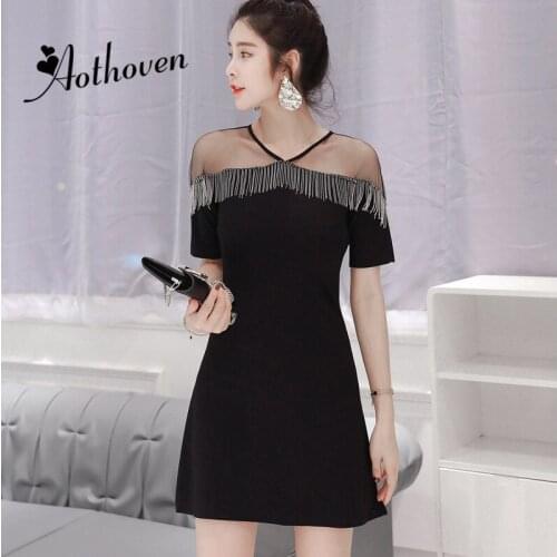 Summer Black Gauze Patchwork A-Line Dresses V Neck Half Sleeve Bodycon Dress Women Office Sexy Party Tassel Dresses Vestidos